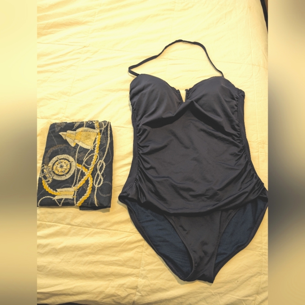 Tommy Bahama Pearl Shirred Bandeau One-Piece Swimsuit with matching sarong wrap